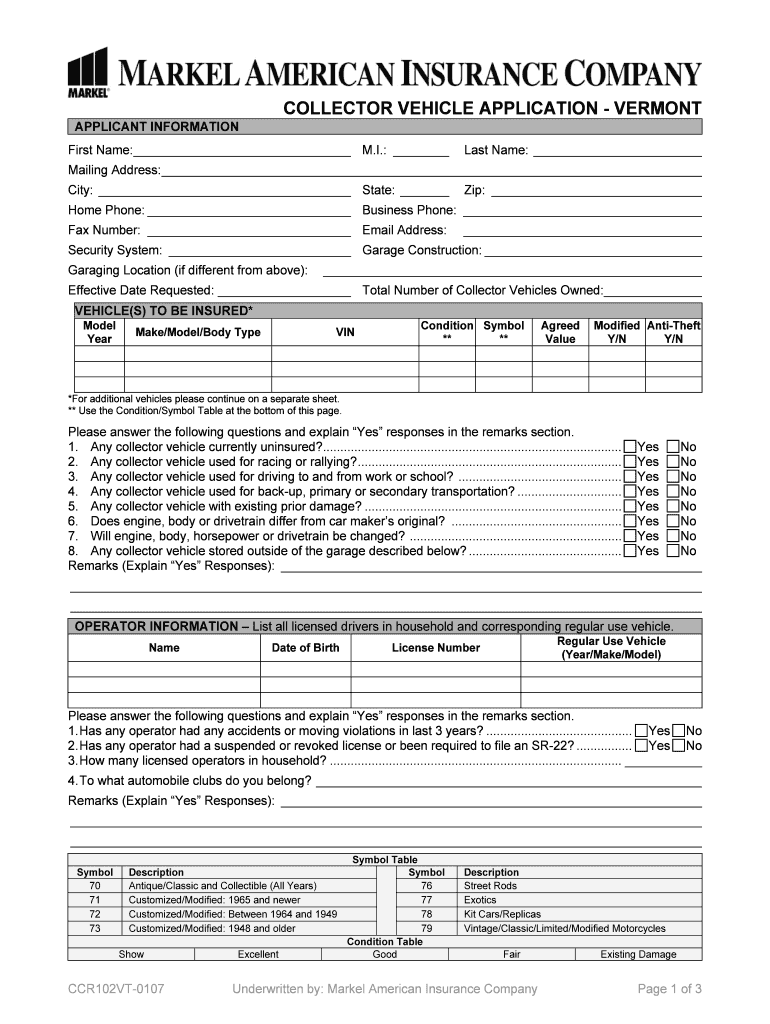 Fillable Online Collector vehicle application vermont Special Risks