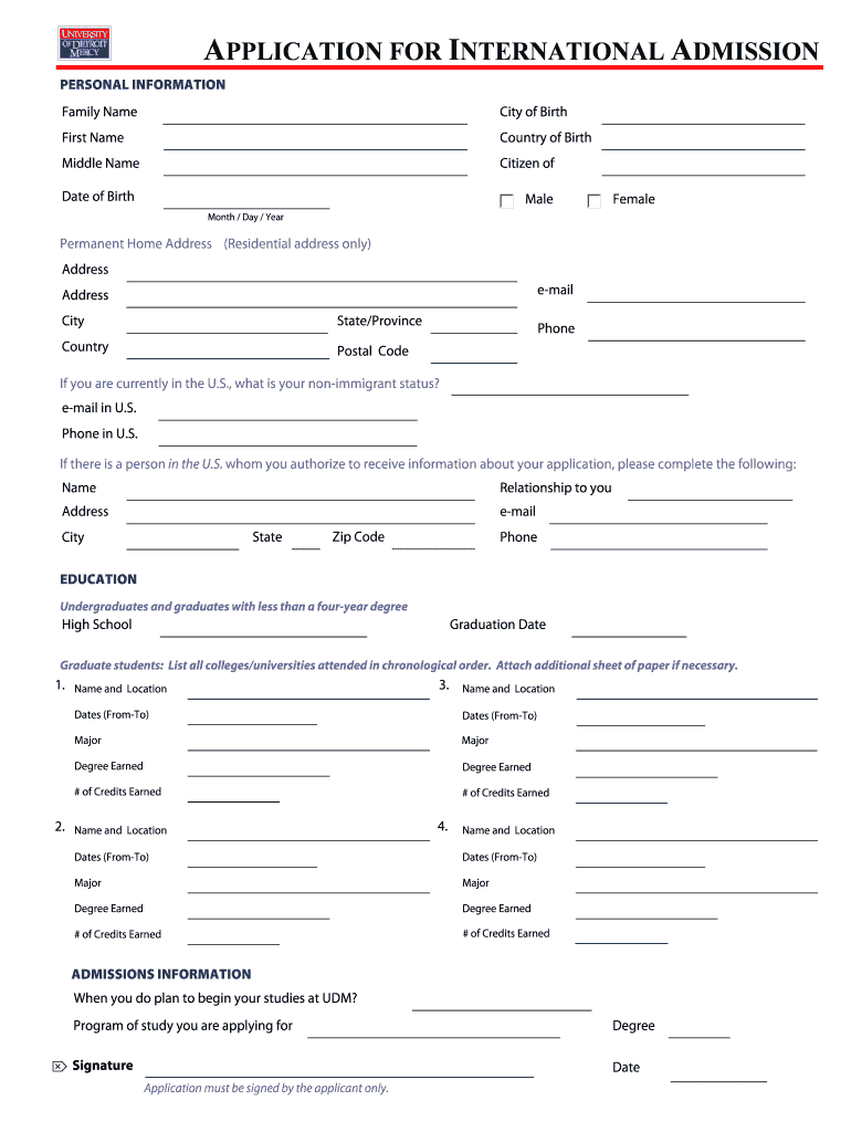 Fillable Online udmercy Application for international admission