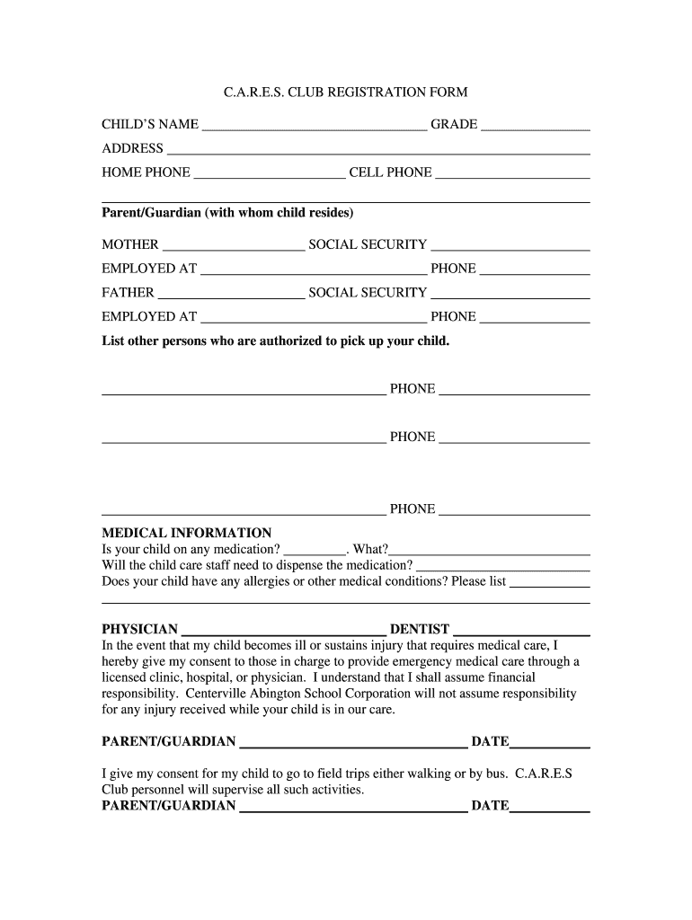 Fillable Online centerville k12 in C.A.R.E.S. CLUB REGISTRATION FORM