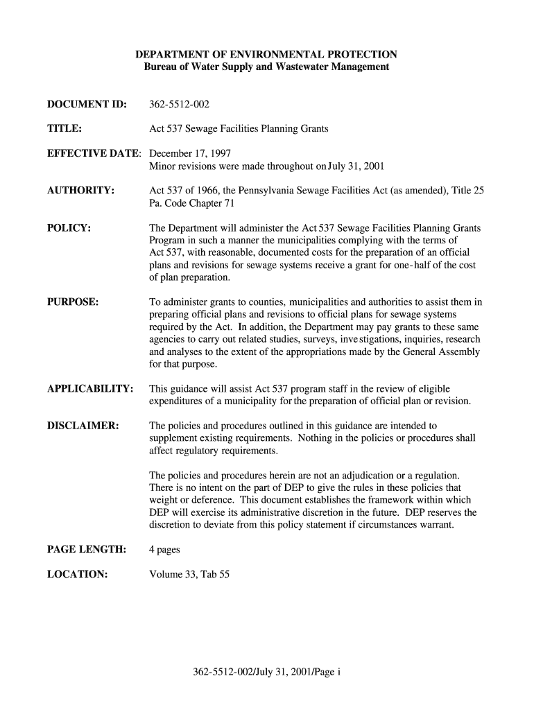 Fillable Online elibrary dep state pa Act 537 Sewage Facilities