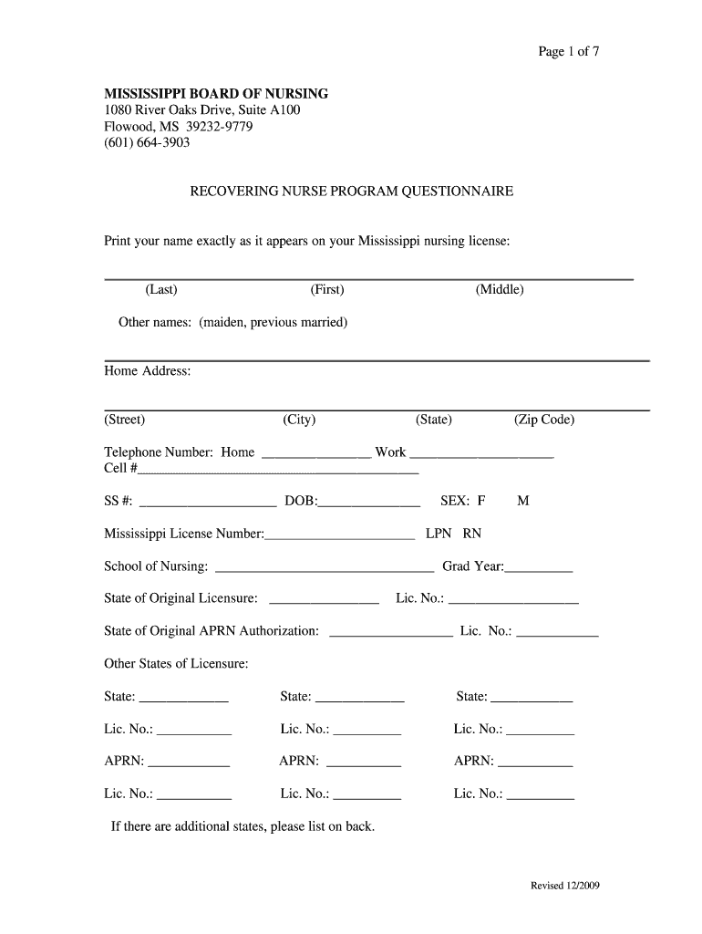 Fillable Online Questionnaire Mississippi Board of Nursing Fax Email