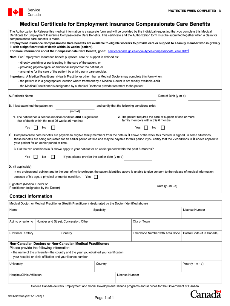 2012 Form Canada SC INS5216B Fill Online, Printable, Fillable, Blank