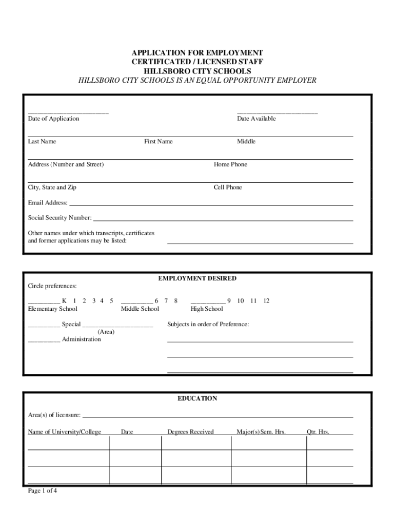 Fillable Online Employment Application Hillsboro City Schools Fax