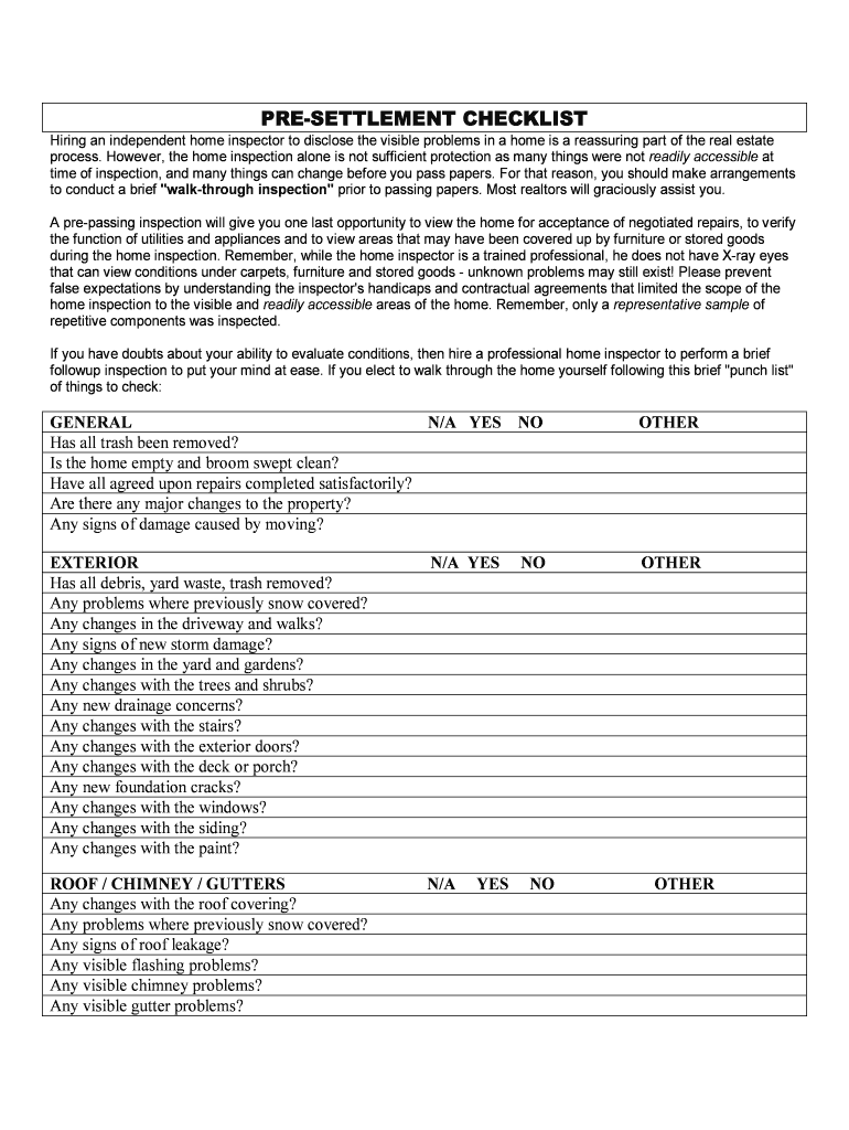 Fillable Online PRESETTLEMENT CHECKLIST Fax Email Print pdfFiller