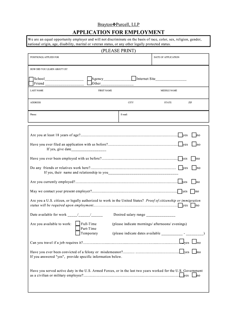 Fillable Online Brayton Purcell LLP APPLICATION FOR EMPLOYMENT Fax