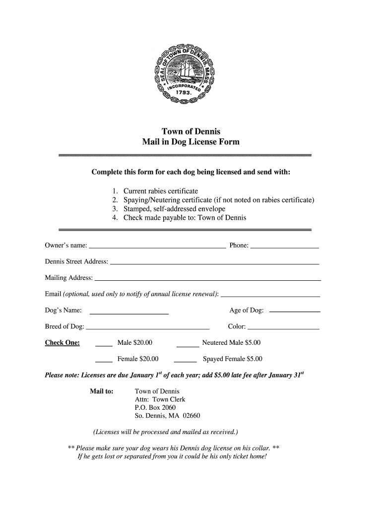 Fillable Online town dennis ma Dog license mail in form.doc town