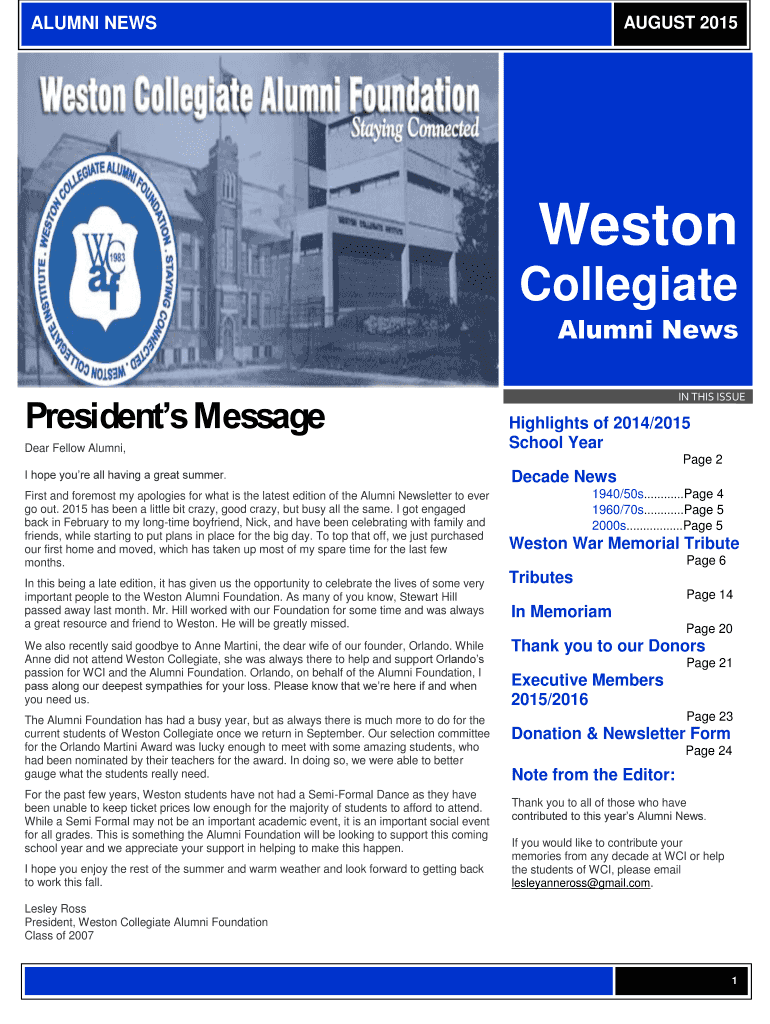 Fillable Online alumni westonci 2015 Weston Alumni Newsletter Weston
