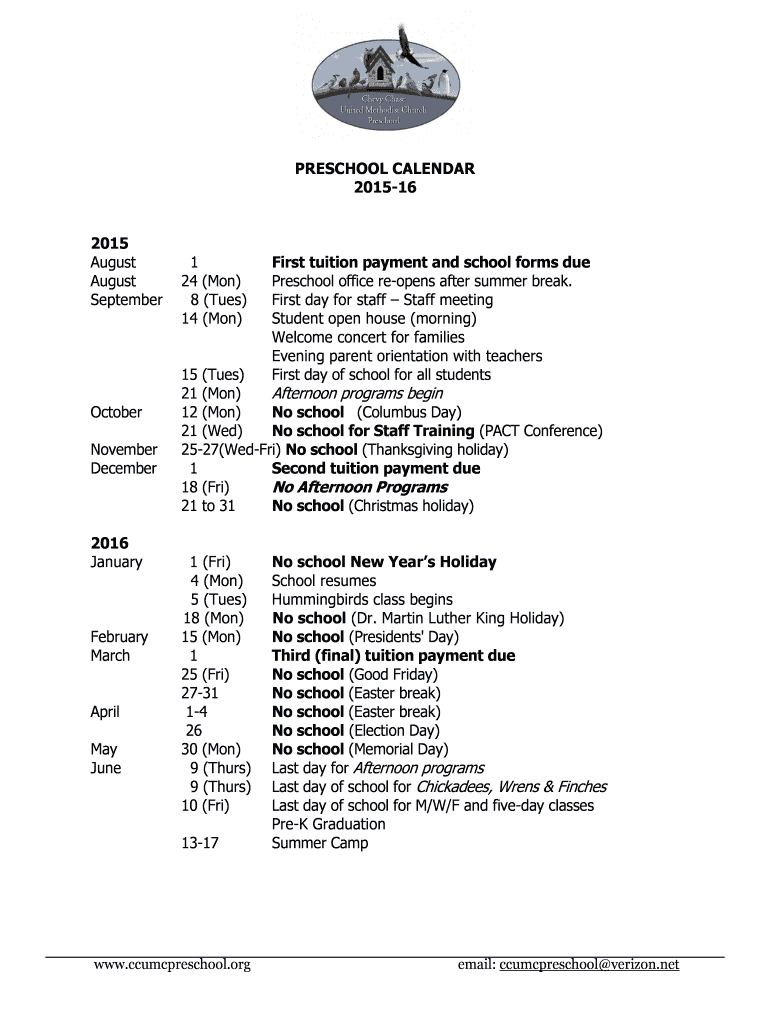 Fillable Online PRESCHOOL CALENDAR Fax Email Print pdfFiller