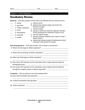 Chapter 9 Cellular Respiration Vocabulary Review Answer Key - Fill