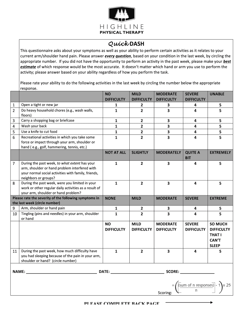 Quick Dash Assessment Fill Online, Printable, Fillable, Blank pdfFiller