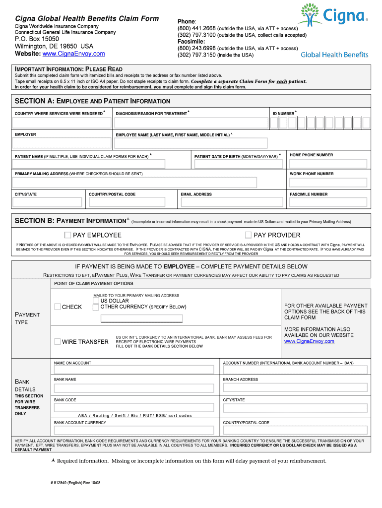 Fillable Online Cigna Global Health Benefits Claim Form SECTION
