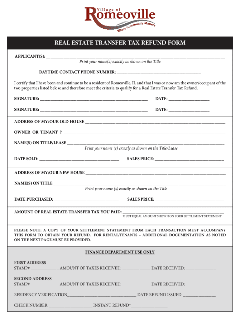 Fillable Online REAL ESTATE TRANSFER TAX REFUND FORM EGov Link Fax