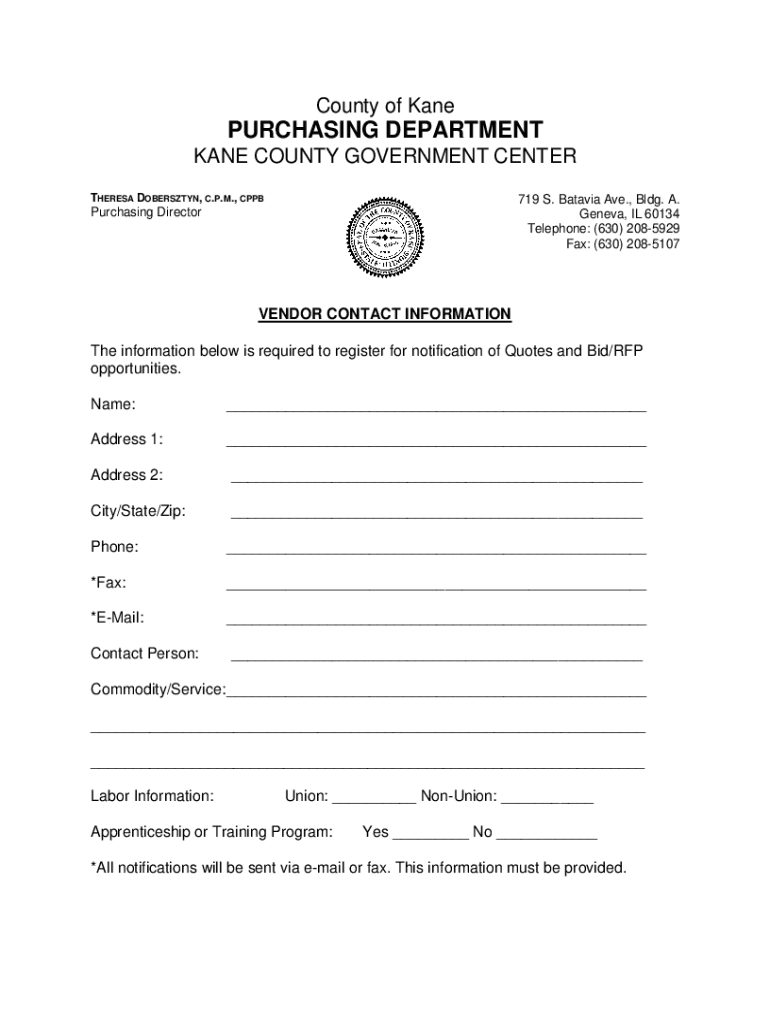 Fillable Online Vendor Registration Form Kane County, IL Fax Email