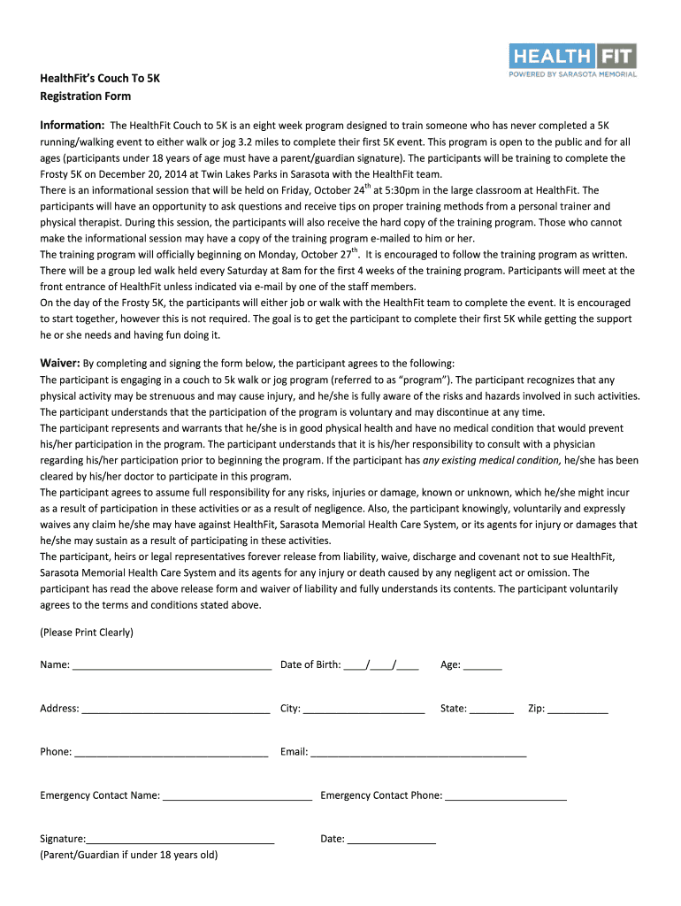Fillable Online HealthFits Couch To 5K Registration Form Information