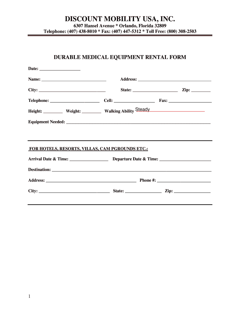 Fillable Online DURABLE MEDICAL EQUIPMENT RENTAL FORM Fax Email Print