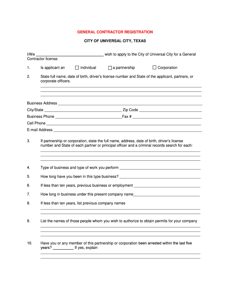 Fillable Online General Contractors Registration Universal City Fax