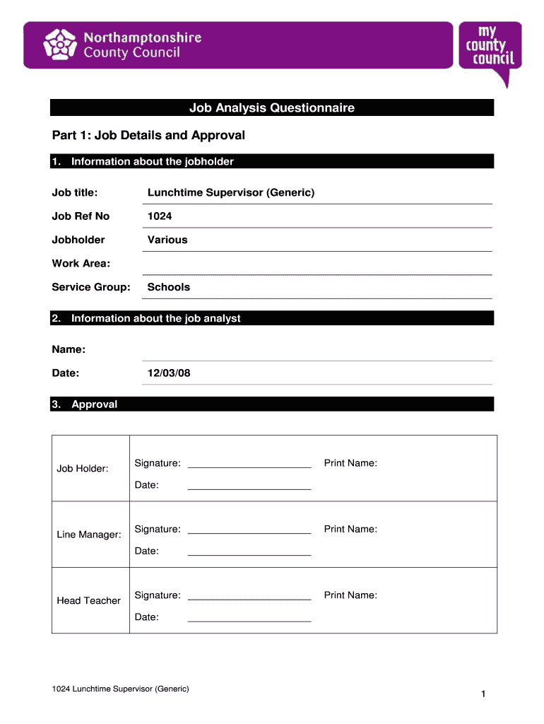Fillable Online finedon northants sch Job Analysis Questionnaire Part 1