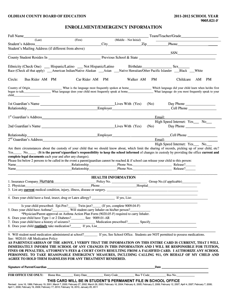 Fillable Online SCHOOL, 1998/99 School Year Oldham County Schools Fax