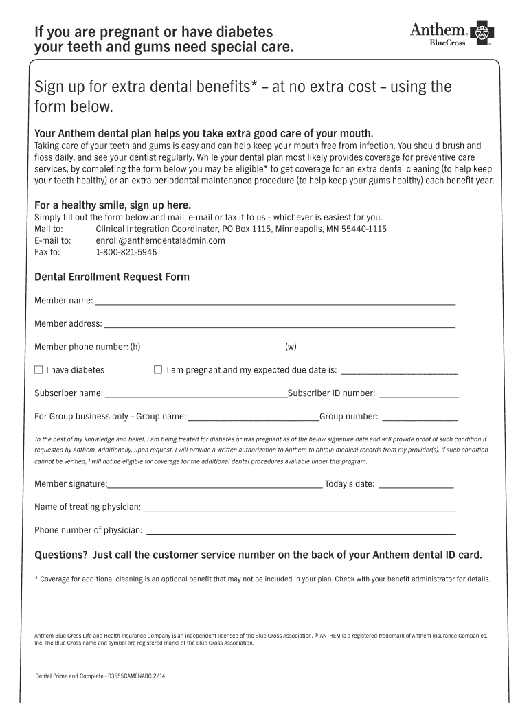 Fillable Online Anthem Blue Cross Dental Enrollment Request Form Anthem