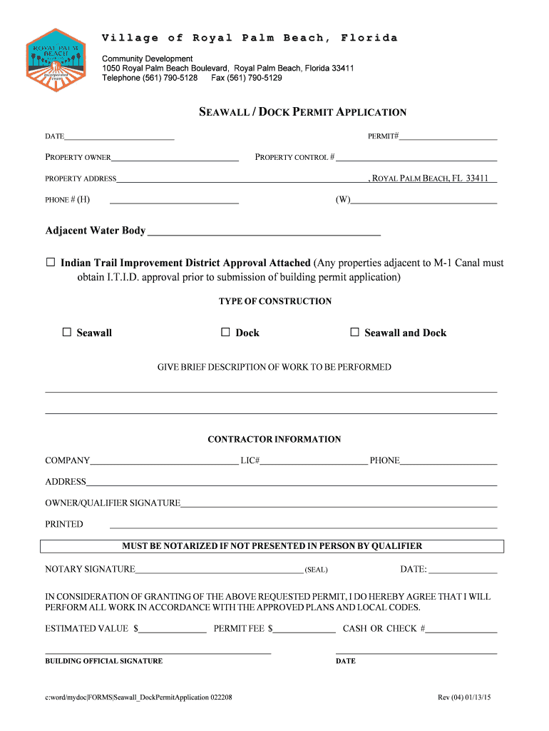 Fillable Online Seawall/Dock Permit Application Royal Palm Beach Fax