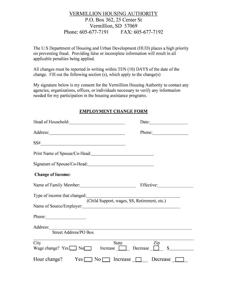 Fillable Online vermillionhousing Employment Change Form Vermillion