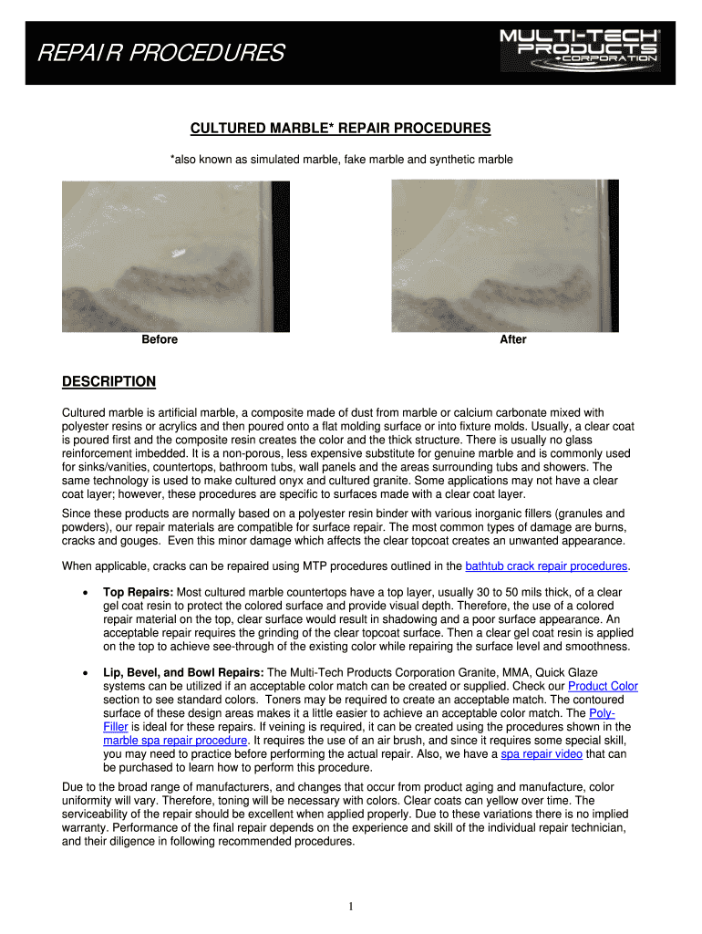 Fillable Online Cultured Marble Repair Procedures.final Fax Email Print