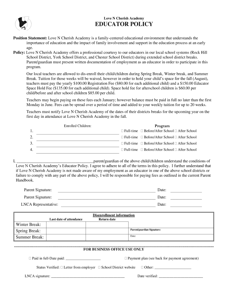 Fillable Online lovencherish Love N Cherish Academy EDUCATOR POLICY Fax