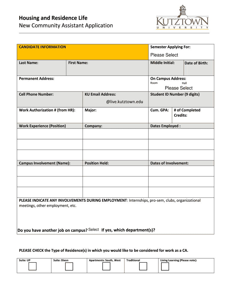 Fillable Online kutztown Housing and bResidenceb Life New Community