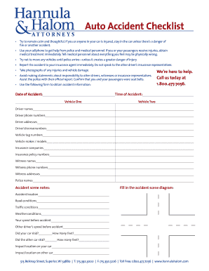 Fillable Online Auto Accident Checklist - Hannula & Halom Attorneys Fax