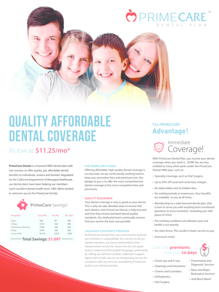 Fillable Online primecaredental Quality Affordable Dental Coverage