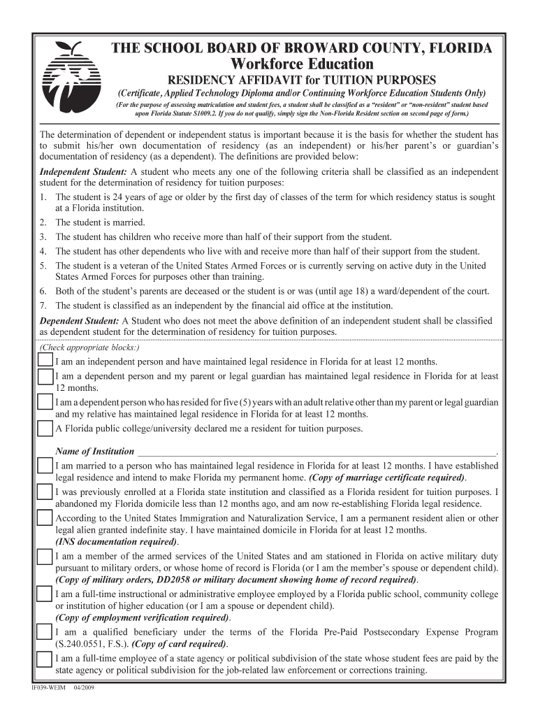 Fillable Online broward k12 fl Residency Affidavit for Tuition Purposes