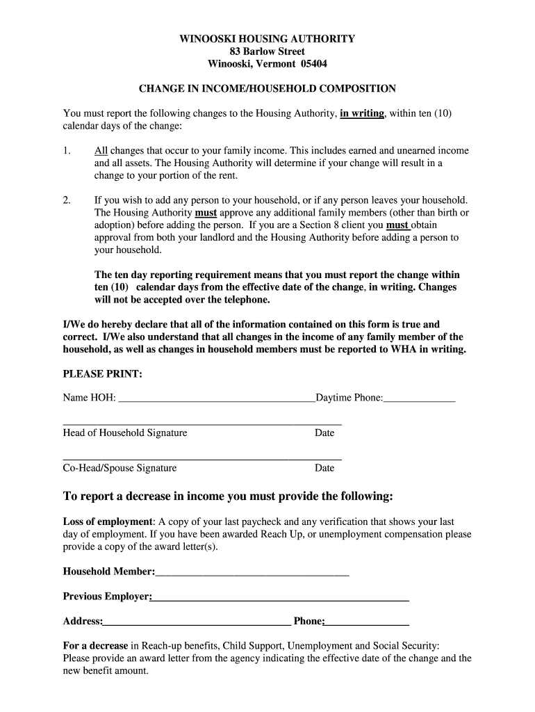 Fillable Online winooskihousing Change Form Winooski Housing
