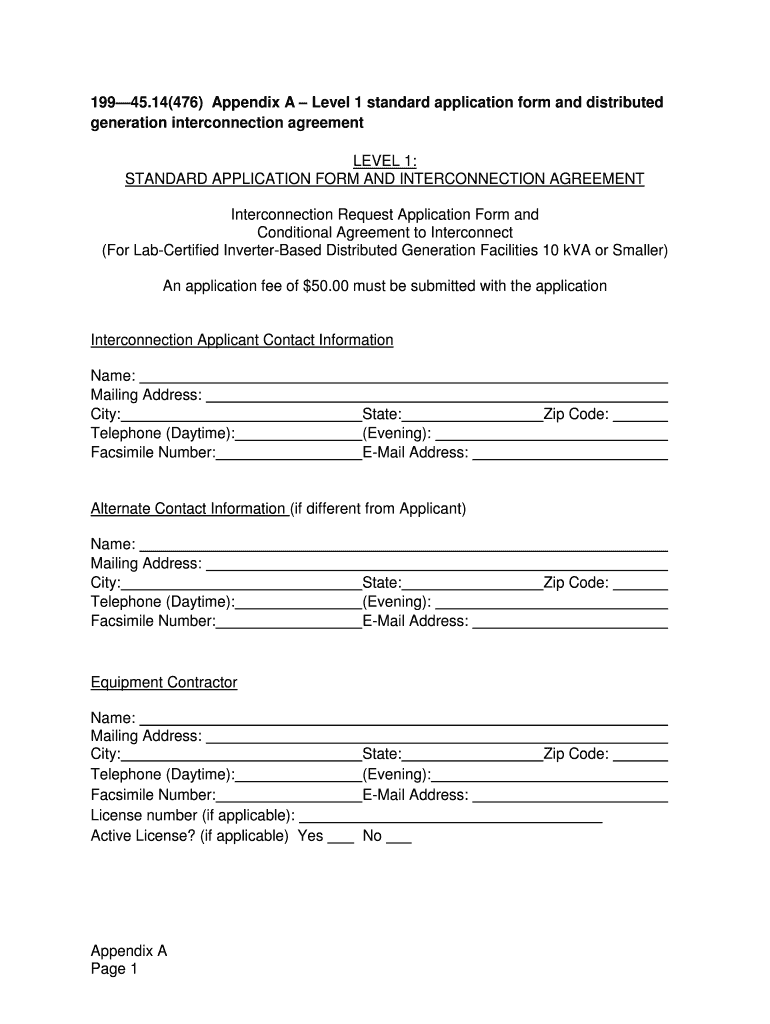 Fillable Online Level 1 Standard Application Form and Interconnection