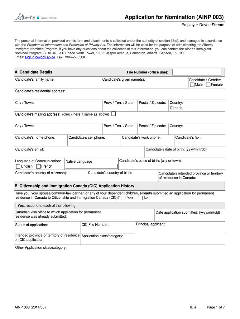 Canada AINP 003 Alberta 2014 Fill and Sign Printable Template