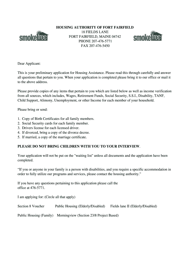 Fillable Online Application for Housing Fort Fairfield Housing