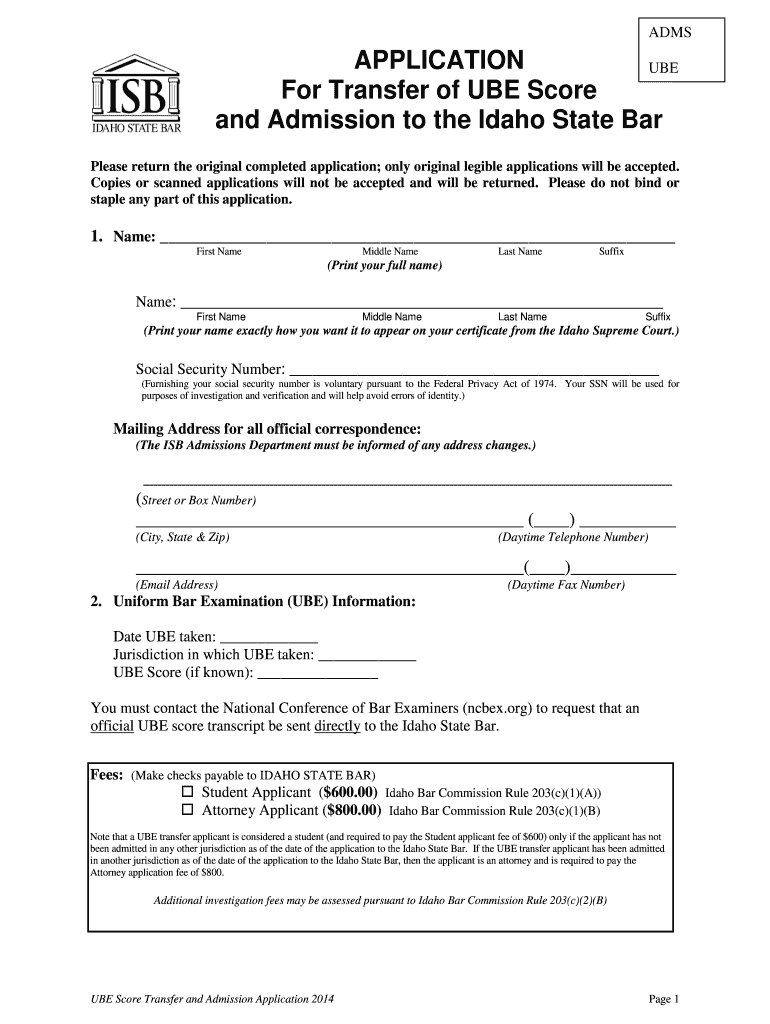 Fillable Online isb idaho 2014 Application for UBE Score Transfer and