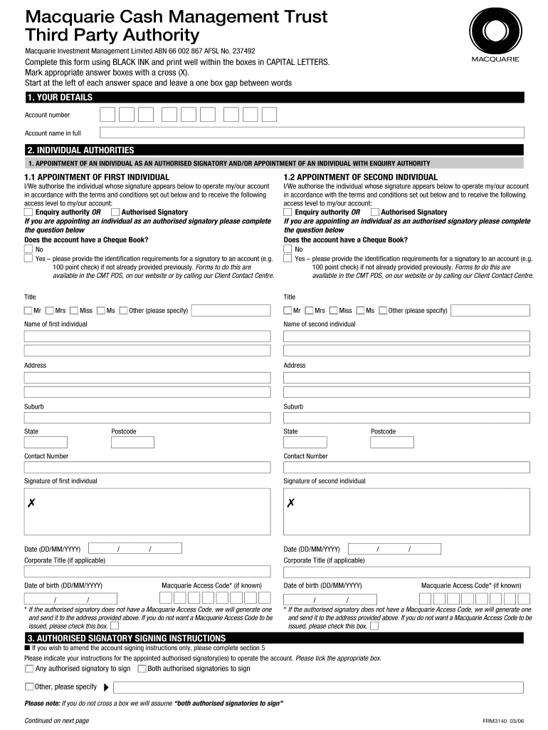 Fillable Online Macquarie Cash Management Trust Third Party Authority
