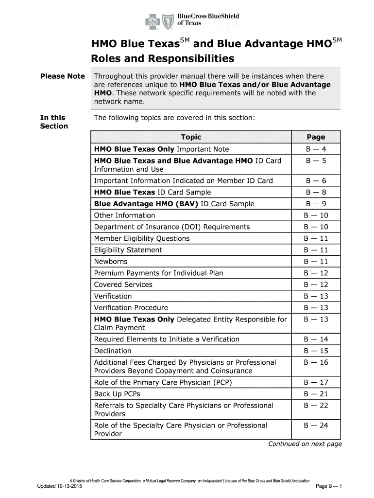 Fillable Online HMO Blue TexasSM and Blue Advantage HMOSM Roles and