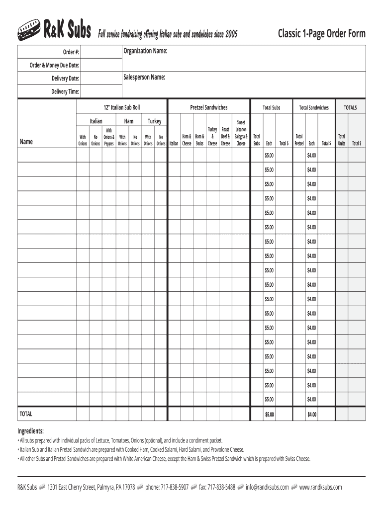R And K Subs Order Form Fill Online, Printable, Fillable, Blank pdfFiller