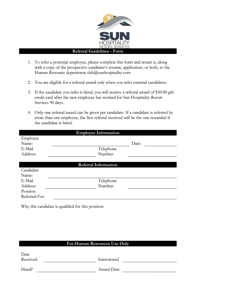 Fillable Online Referral Guidelines Form Sun Hospitality Fax Email