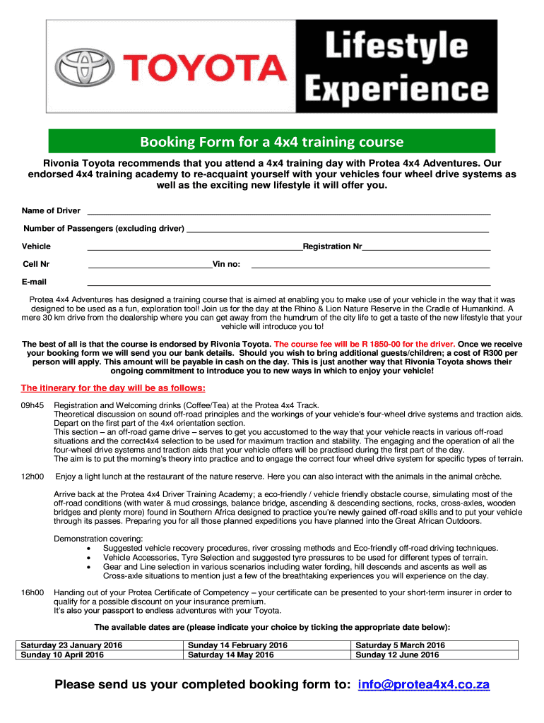 Fillable Online protea4x4 co Booking Form for a 4x4 training course