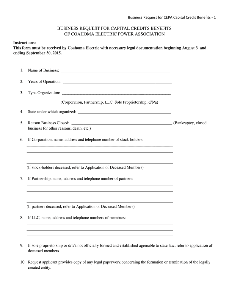 Fillable Online Business Request for Capital Credit (PDF) Coahoma
