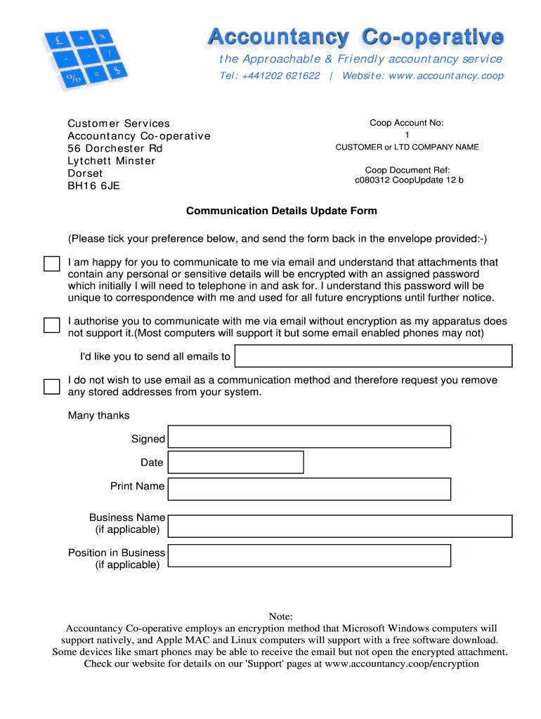Fillable Online accountancy Coop Customer Update Form Fax Email Print