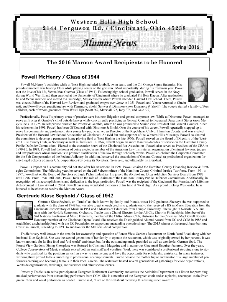 Fillable Online Western Hills High School 2144 Ferguson Rd Cincinnati