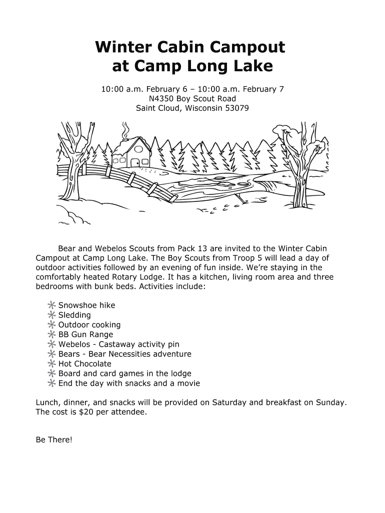 Fillable Online Winter Cabin Campout at Camp Long Lake Pewaukee Pack
