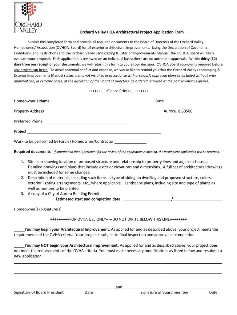 Fillable Online ovha Orchard Valley HOA Architectural Project