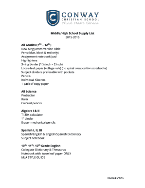 Conway Arkansas 10Th Grade Supply List 2017 2023 Fillable Online Middlehigh School Supply List - Conway Christian School Fax Email Print - Pdffiller