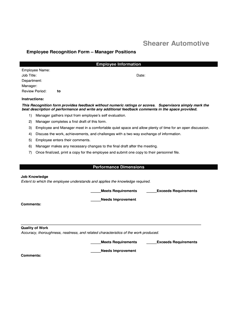 Fillable Online 2Performance Recognition Form Manager Shearer Auto