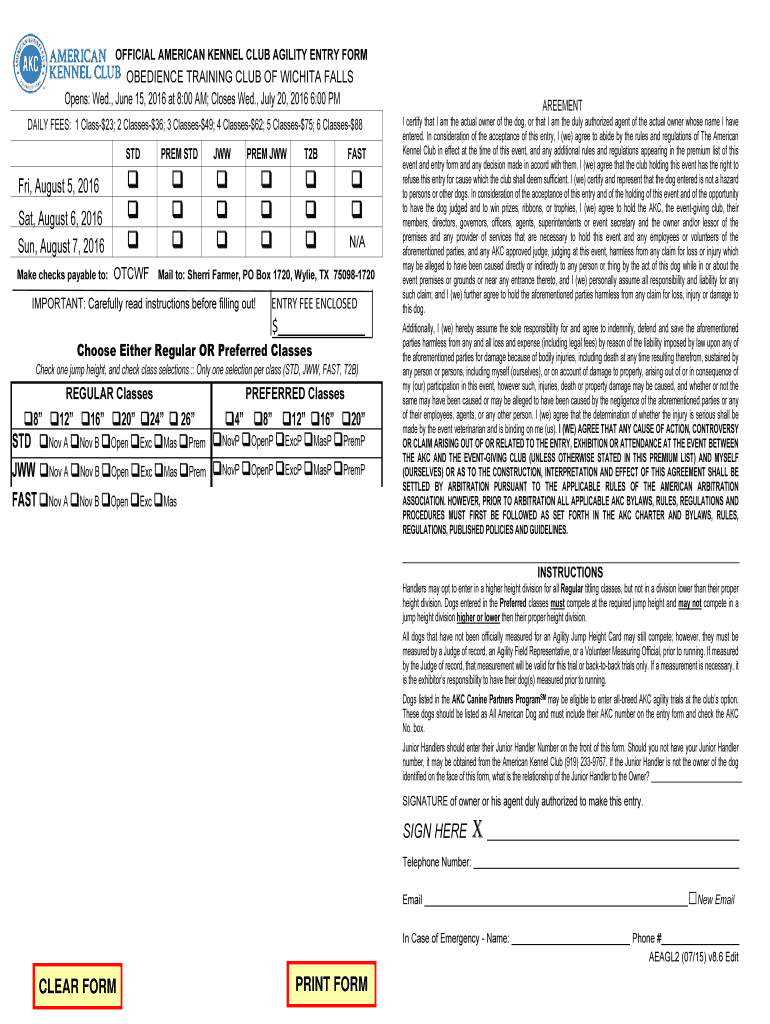 Fillable Online OFFICIAL AMERICAN KENNEL CLUB AGILITY ENTRY FORM OBEDIENCE TRAINING CLUB OF