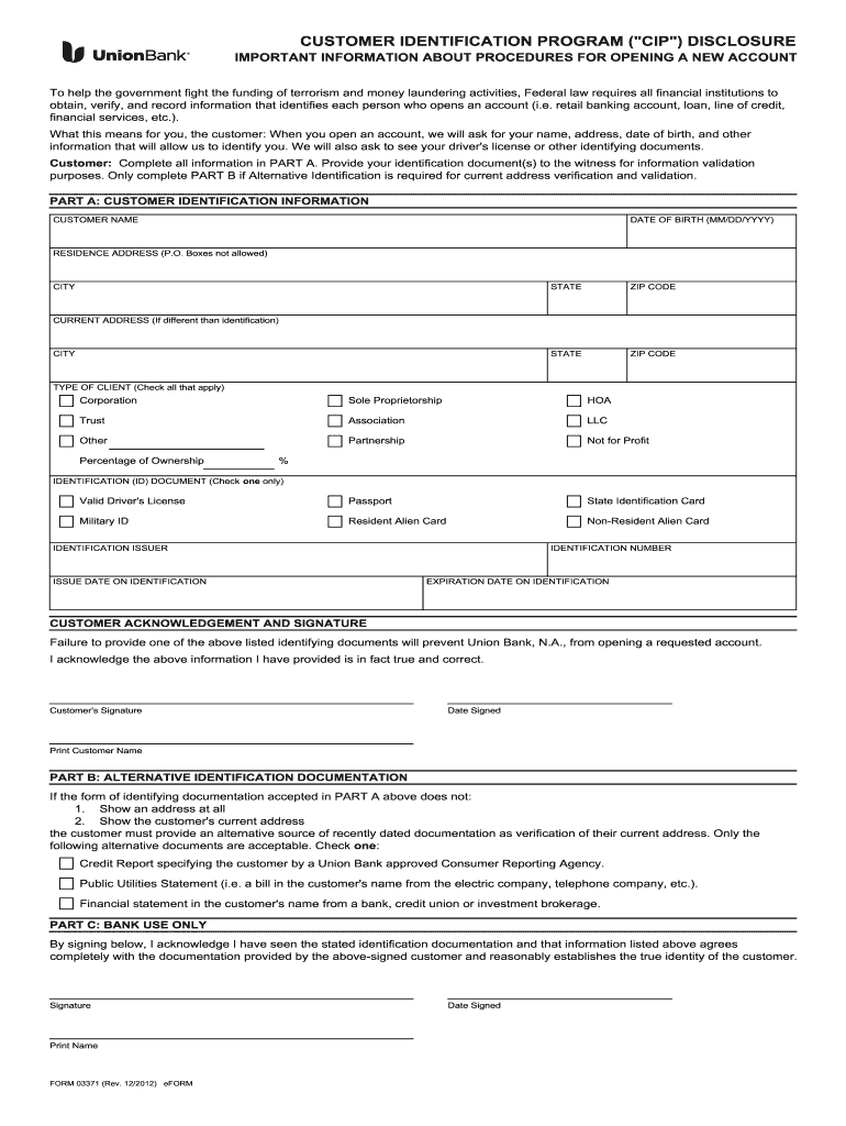 Union Bank Form 03371 2012 Fill and Sign Printable Template Online